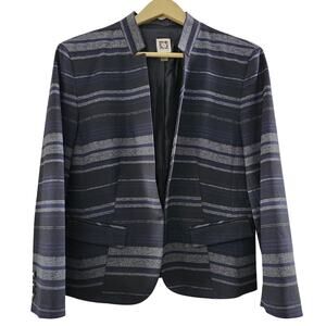 Anne Klein Blue Gray Black Striped Three-Quarter Sleeve Jacket Size Medium